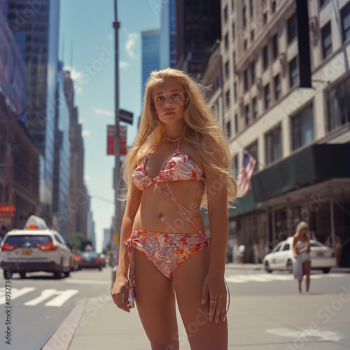 smiling and hapyp light blonde girl on 5th avenue in New York walking around like an influencer in a bikini during summer with sunshine photo