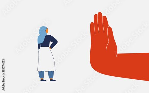 Discrimination for women. Human hand showing stop gesture for Muslim woman. Restriction for female rights in social life and business. Domestic violence concept. Vector illustration