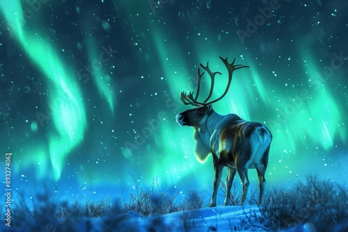 Caribou bull (Rangifer tarandus) and Aurora Borealis, night photo