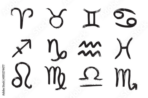 Hand drawn zodiac signs. Doodle Esoteric symbol set. Astrology clipart design Elements 
