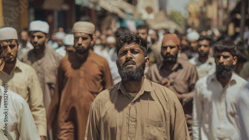 Middle Eastern people walk on the streets in the scorching heat.