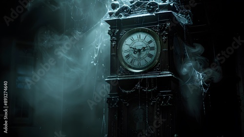 Antique Grandfather Clock with Cobwebs and Smoke in a Dark Room