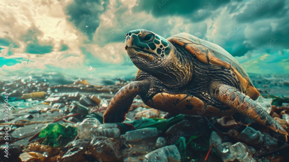 Photo of a dirty turtle standing amid trash and plastic waste. Environmental pollution, toxic emissions into water, oil pollution Photo of a dirty turtle standing amid trash and plastic waste. Environmental pollution, toxic emissions into water, oil pollution