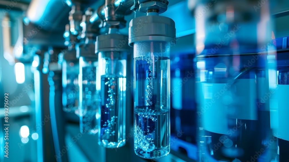 Detailed view of a reverse osmosis system in action, showcasing the filtration process and clean water output, ideal for water purification concepts Detailed view of a reverse osmosis system in action, showcasing the filtration process and clean water output, ideal for water purification concepts