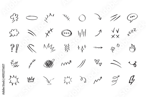 Doodle hand drawn cute cartoon expression sign. Line curve arrows, emoticon elements, symbols