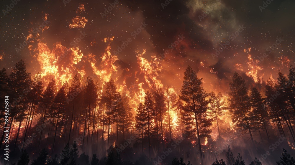 Intense Wildfire Consuming a Pine Forest at Night Intense Wildfire Consuming a Pine Forest at Night