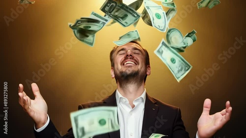 Businessman ecstatic over financial triumph with cascading cash