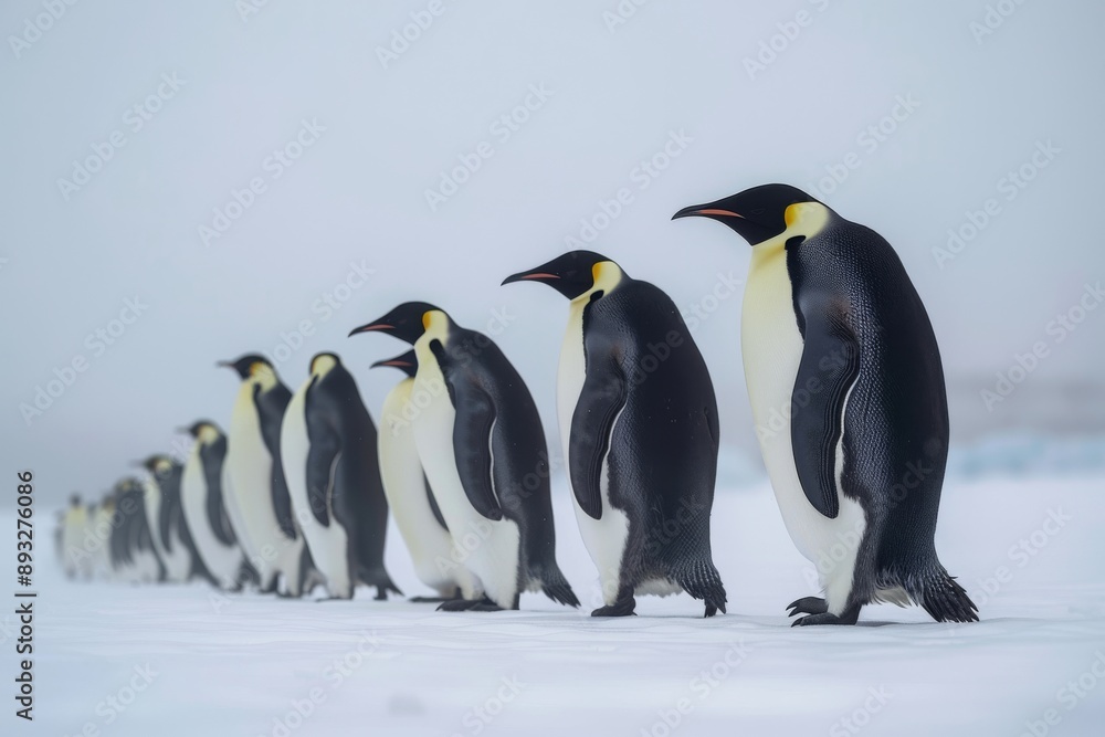 Fototapeta premium Emperor penguins (Aptenodytes forsteri) walking in a row, side view