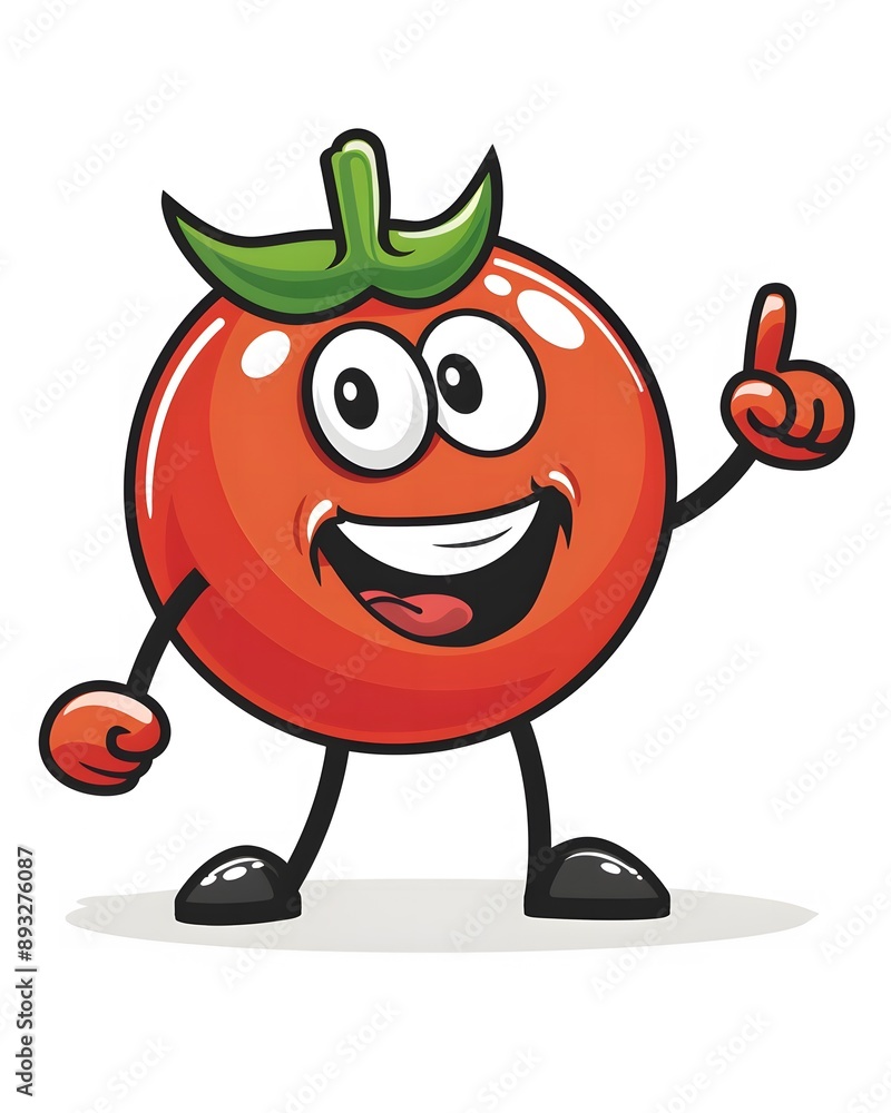 Fototapeta premium Cartoon Tomato Smiling and Pointing Right with a White Background