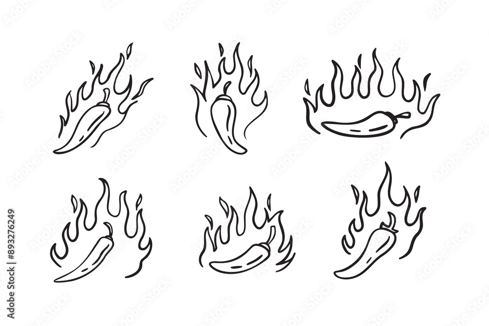 Hand drawn doodle fire hot chili peppers. Outline chile pepper Hand drawn doodle fire hot chili peppers. Outline chile pepper