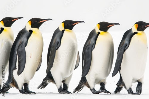 Emperor penguins (Aptenodytes forsteri) walking in a row, side view