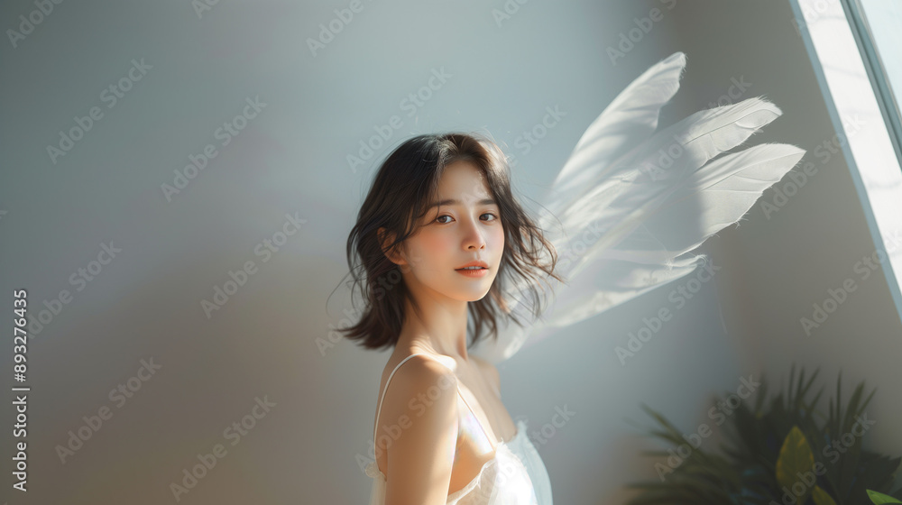 Beautiful Japanese girl in a white dress, with shoulder length hair, in an upper body shot, against a light background, with light and shadow on her face, in front of a white wall, with soft lighting Beautiful Japanese girl in a white dress, with shoulder length hair, in an upper body shot, against a light background, with light and shadow on her face, in front of a white wall, with soft lighting
