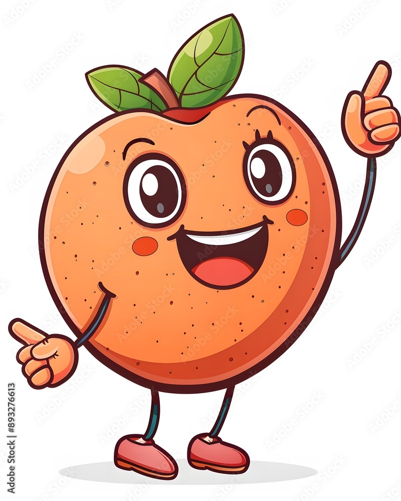 Fototapeta premium Cartoon Peach Character Smiling and Pointing Right on a White Background