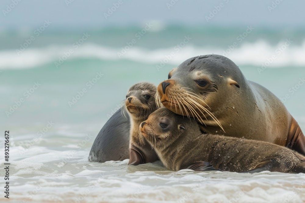 Obraz premium Female Australian Sea Lion with Pup in Surf