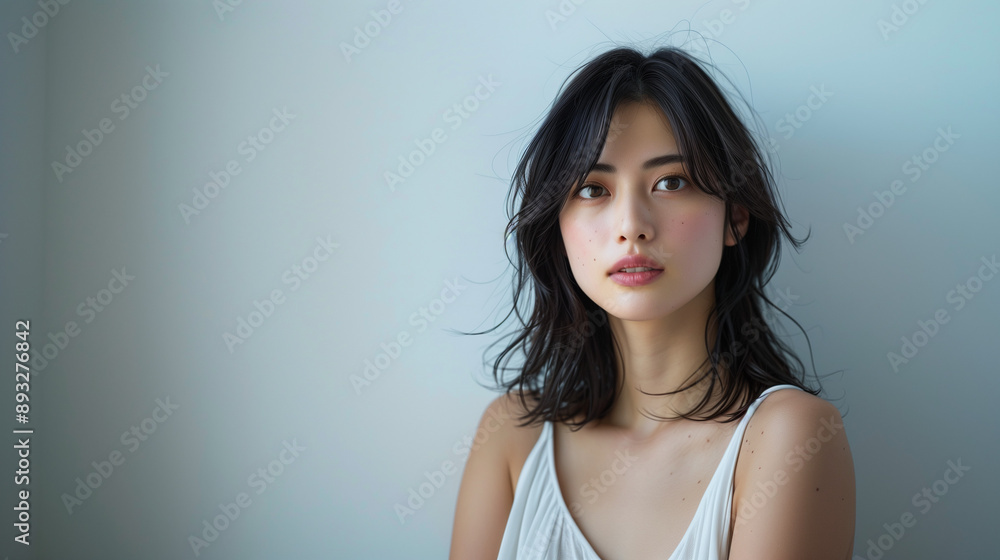Beautiful Japanese girl in a white dress, with shoulder length hair, in an upper body shot, against a light background, with light and shadow on her face, in front of a white wall, with soft lighting Beautiful Japanese girl in a white dress, with shoulder length hair, in an upper body shot, against a light background, with light and shadow on her face, in front of a white wall, with soft lighting