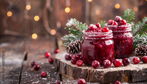 Winter cranberry sauce in glass jars with fresh cranberries, decorated fir branches and snow on the old wooden background