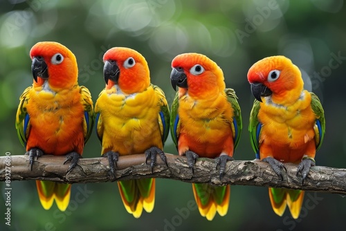 Four Sun Conures (Aratinga solstitialis) on branch, close-up