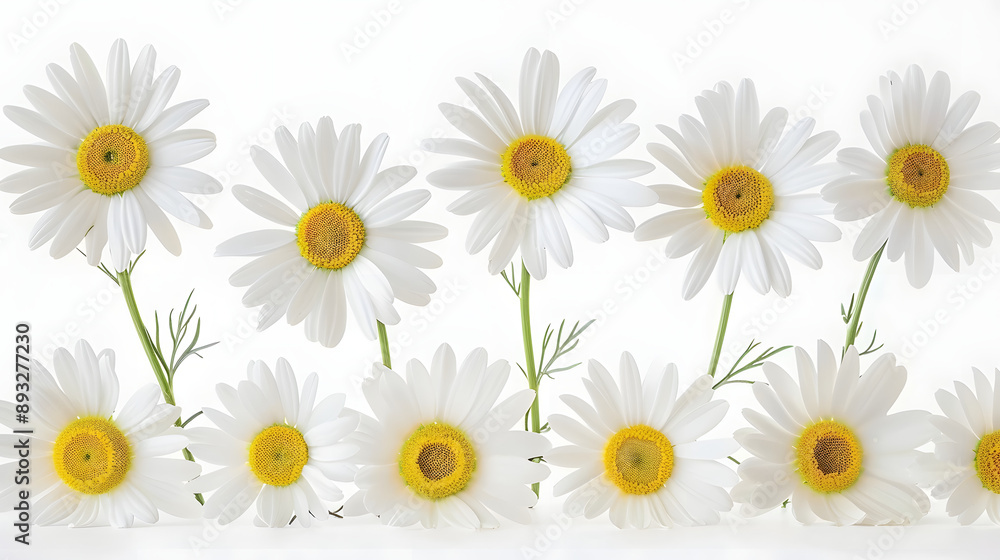 A row of daisies on a white background A row of daisies on a white background