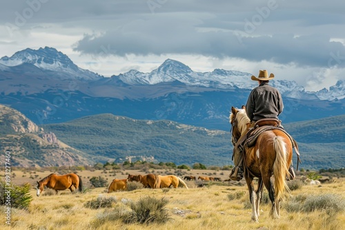 Gaucho on his horse watching wild horses grazing