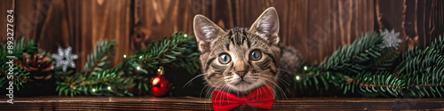 Charming Christmas or New Year banner featuring festive holiday decor and an adorable cat in the center of the frame.