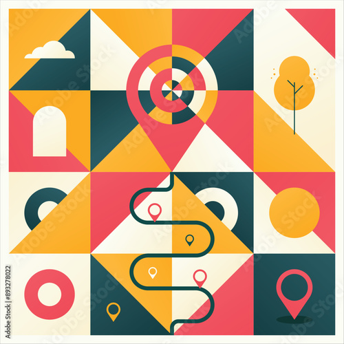 Geometric pattern with various shapes, including location pins, a tree, and cloud symbols.