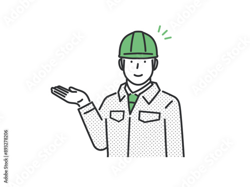 案内をする作業着を着た男性