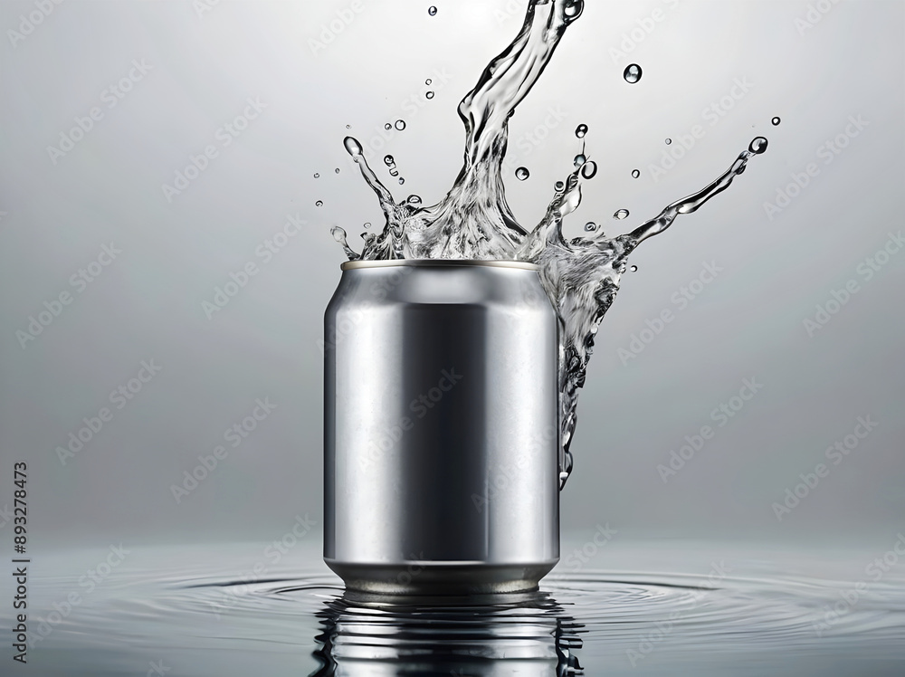 water splashing on top of blank soda can reflected in water, smoke, product background, mock up, aesthetic, drinks and beverage, refreshing, isolated