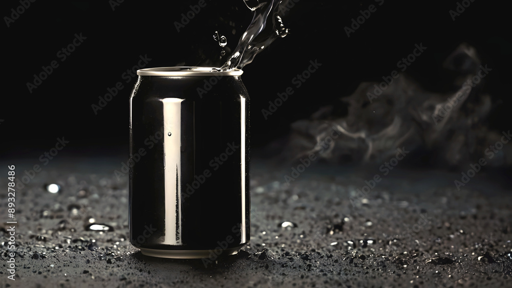 water splashing on top of blank soda can reflected in water, smoke, product background, mock up, aesthetic, drinks and beverage, refreshing, isolated