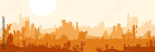 Desert landscape. Layered background with prairies. Parallax effect. Horizontal orange panoramic backdrop with cactuses, rocks and mountains.