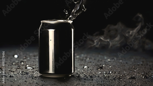 Obraz na płótnie water splashing on top of blank soda can reflected in water, smoke, product background, mock up, aesthetic, drinks and beverage, refreshing, isolated w salonie