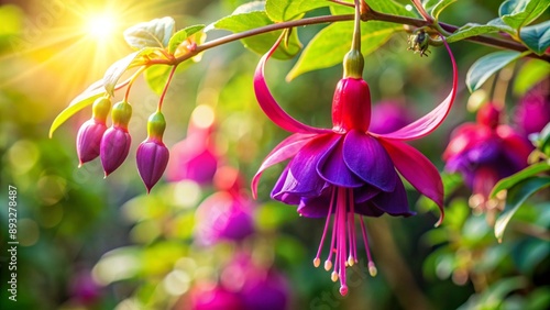 A vibrant purple fuchsia flower at the end of a green branch, with a background of a sunlit garden.