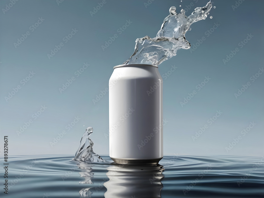 water splashing on top of blank soda can reflected in water, smoke, product background, mock up, aesthetic, drinks and beverage, refreshing, isolated