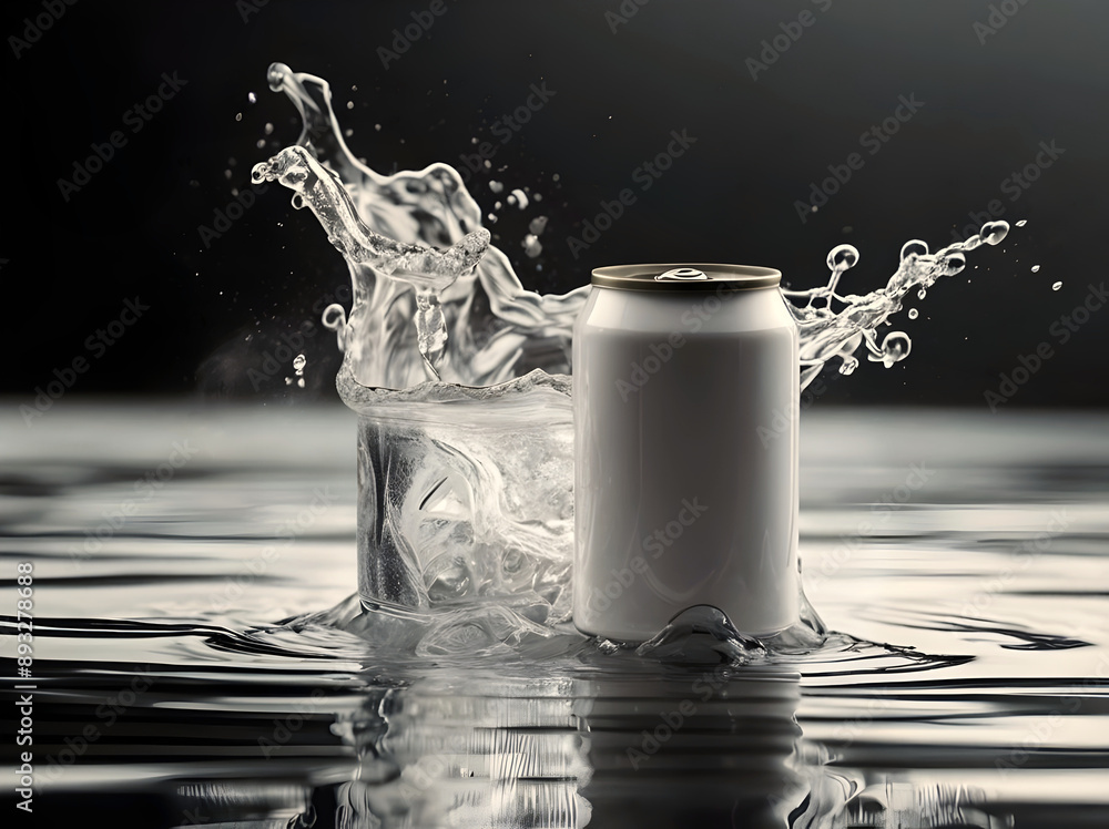water splashing on top of blank soda can reflected in water, smoke, product background, mock up, aesthetic, drinks and beverage, refreshing, isolated