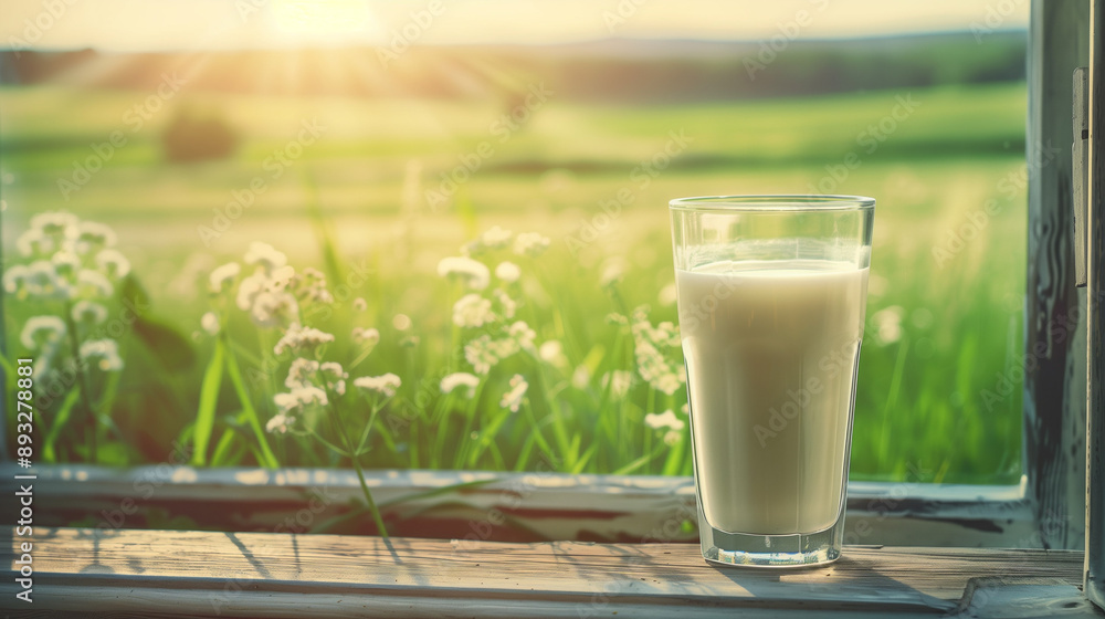A close shot of a glass of milk placed on a wooden window sill, with the background showing sunny, rural meadows. A close shot of a glass of milk placed on a wooden window sill, with the background showing sunny, rural meadows.