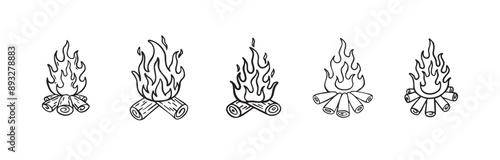 Doodle campfire for camp set. outline fire camping, hand drawn campfire for outdoor activities