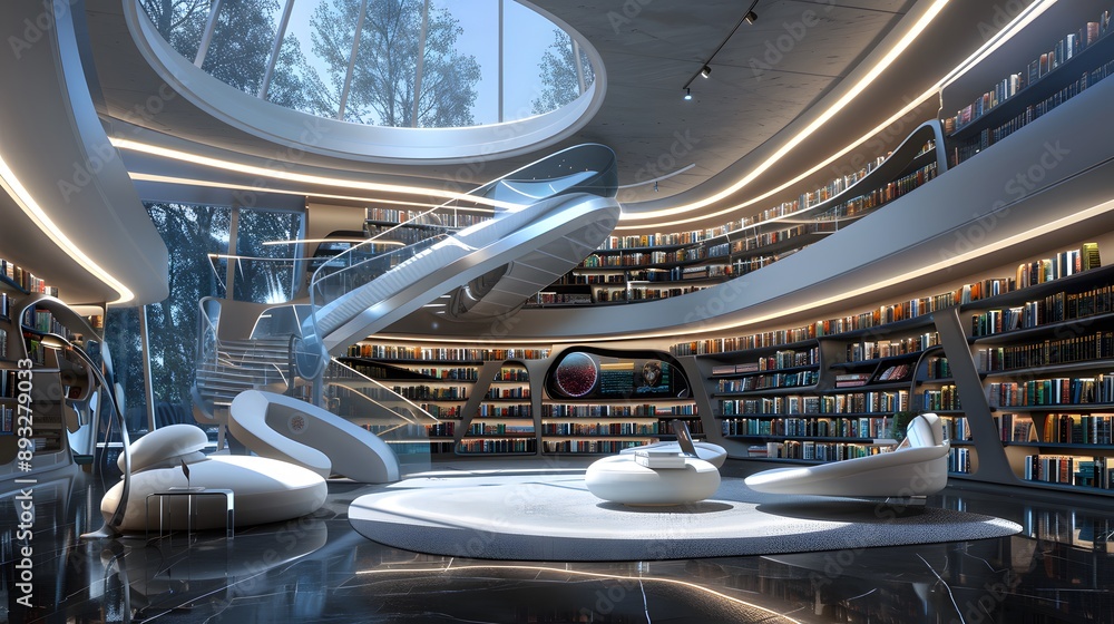 Fototapeta premium A modern library with interactive digital bookshelves and holographic displays, in a sleek interior style
