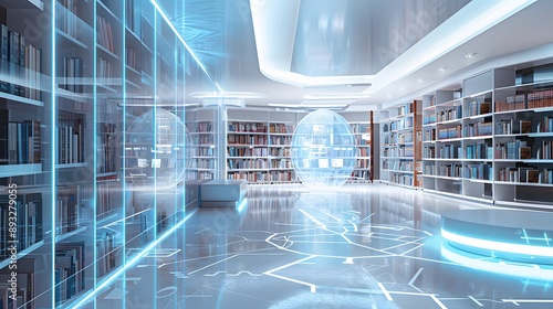 A modern library with interactive digital bookshelves and holographic displays, in a sleek interior style