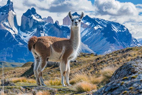 Guanaco (Lama guanaco) standing on the hillside with Torres del Paine mountains in the background