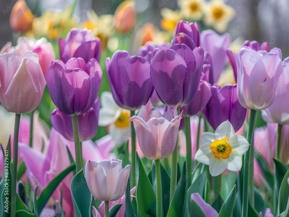 Obraz premium Blooming Beauty: A Vibrant Display of Purple and Pink Tulips and Daffodils at Keukenhof Tulip Park