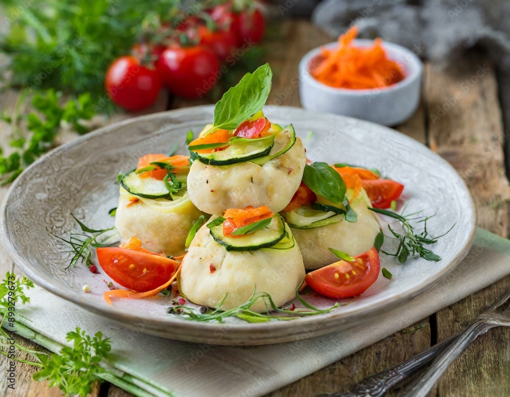 Semmelknödel mit Zucchinischeiben, Tomaten, Karotten und frischen Kräutern Semmelknödel mit Zucchinischeiben, Tomaten, Karotten und frischen Kräutern