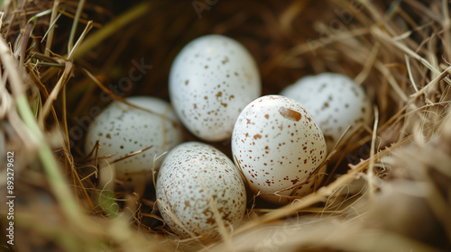 Close-up of white chicken eggs arranged in a nest. These organic protein products, hidden among straw and grass, symbolize freshness and natural origin. 