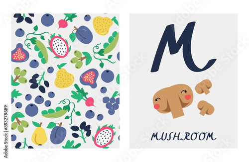 alphabet letters. Cute letter M with mushroom. English alphabet for kids. mushroom cartoon character. A double-sided card with a fruit pattern on the reverse side Educational flat style vector.