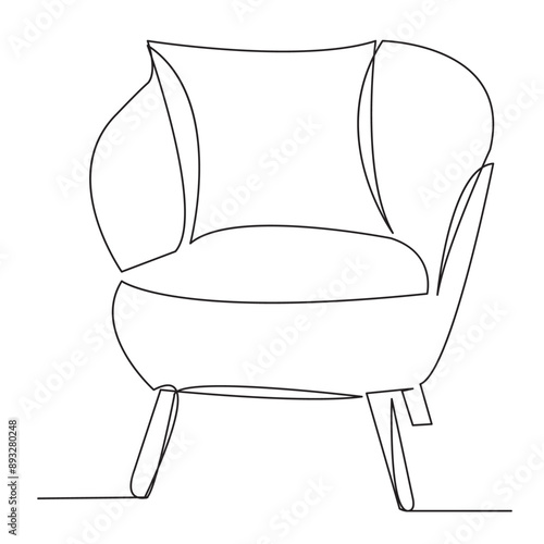 one open single drawn line art doodle chair, seat, furniture, cushion, interior. Isolated hand-drawn outline image on white background. chair with cushions