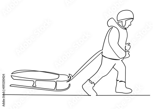continuous single drawn one line climber child with a sledpacker hand-drawn picture silhouettest . Line art. doodle