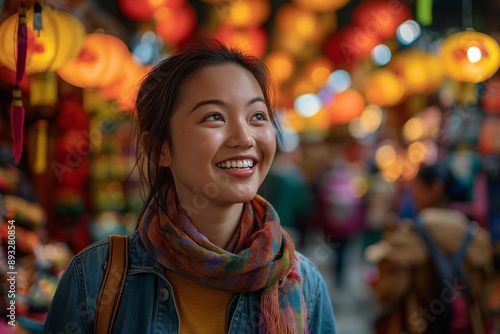 Joyful Young Woman in Colorful Scarf at Festive Lantern Market