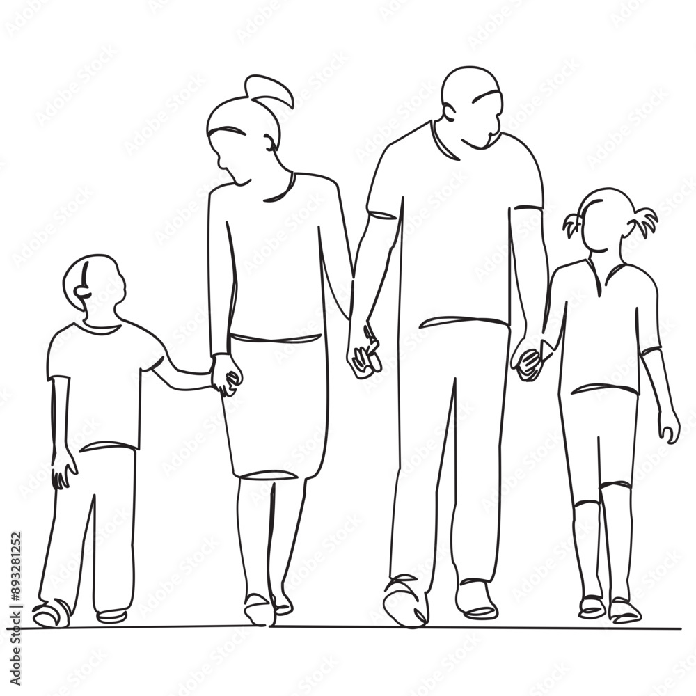 continuous single drawn one line family mom dad son daughter hand-drawn picture silhouette. Line art. doodle continuous single drawn one line family mom dad son daughter hand-drawn picture silhouette. Line art. doodle