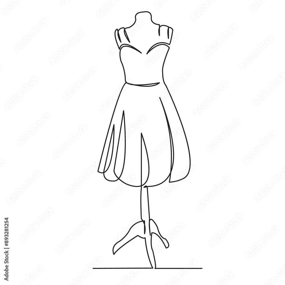 One continuous single drawn line art doodle mannequin, dress, fashion, female, cloth. Isolated hand-drawn outline image on white background. One continuous single drawn line art doodle mannequin, dress, fashion, female, cloth. Isolated hand-drawn outline image on white background.