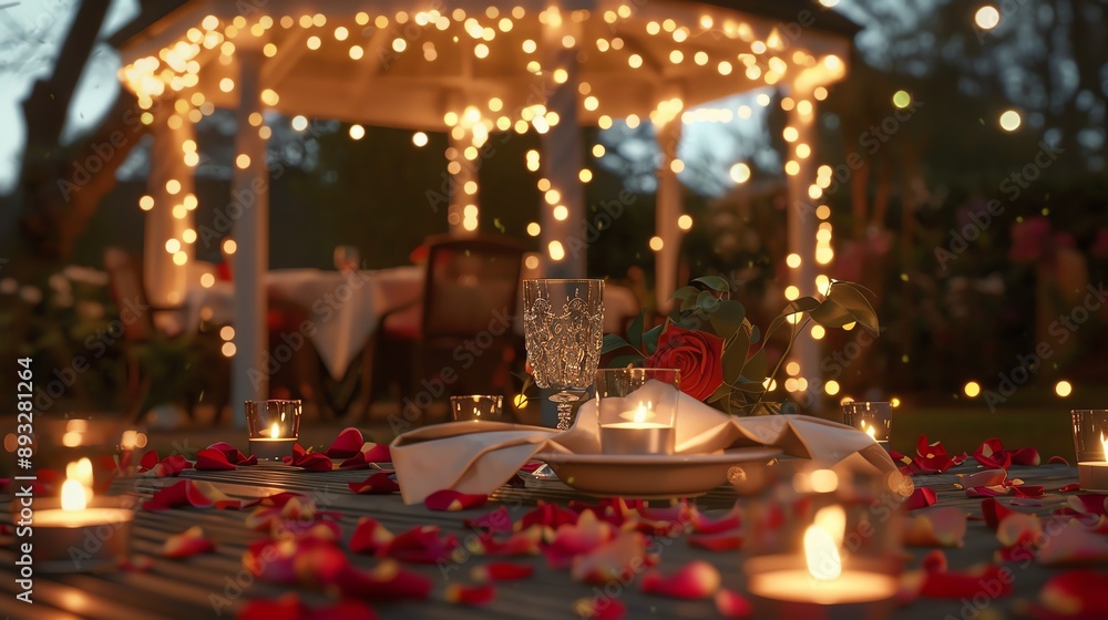 Romantic candlelit dinner setting with rose petals under a gazebo with string lights. Romantic candlelit dinner setting with rose petals under a gazebo with string lights.