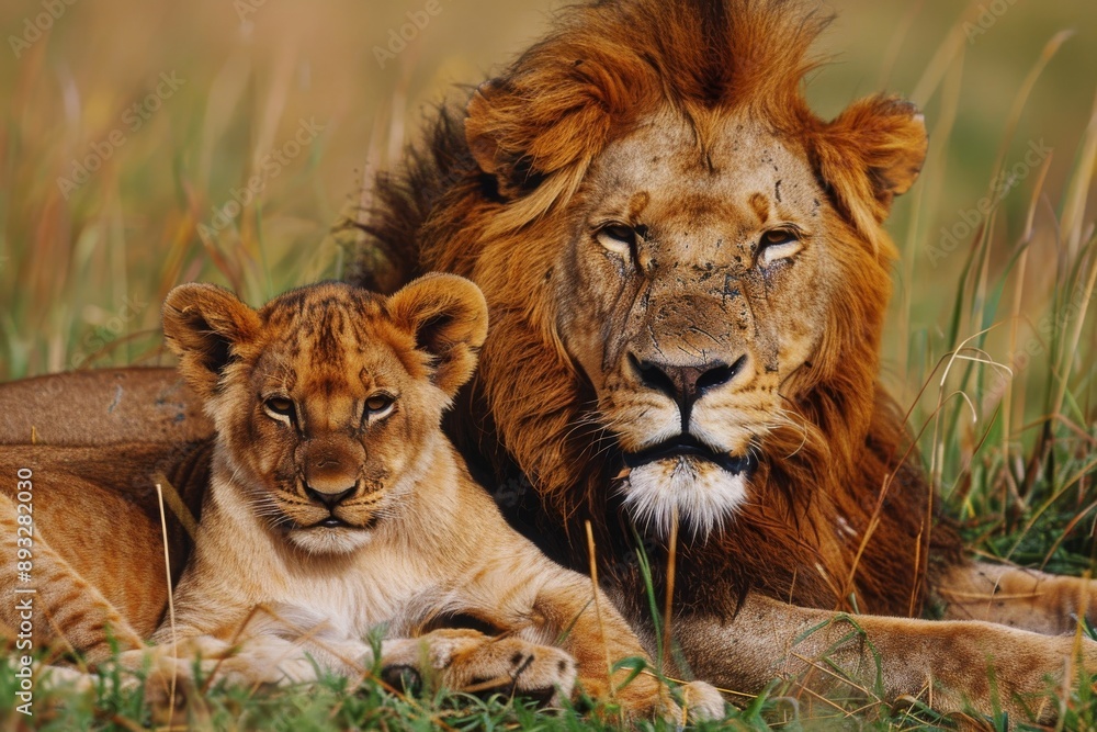 Male lion (Panthera leo) with cub, Tanzania Male lion (Panthera leo) with cub, Tanzania