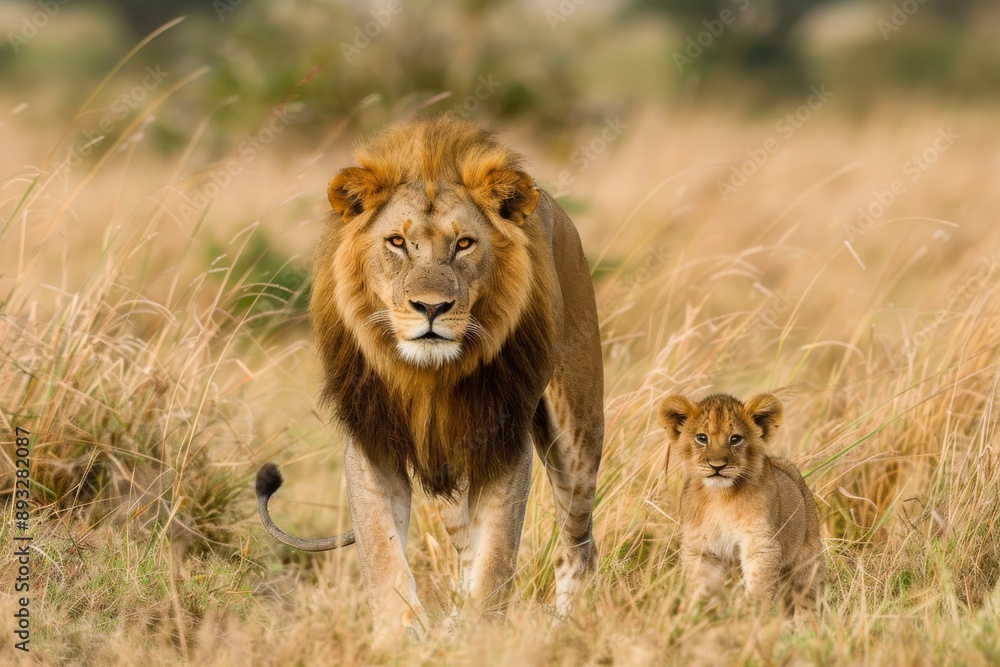 Male lion (Panthera leo) with cub, Tanzania Male lion (Panthera leo) with cub, Tanzania